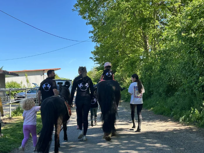 Mehrere Personen und Kinder reiten auf Pferden auf einem sonnenbeschienenen Waldweg.